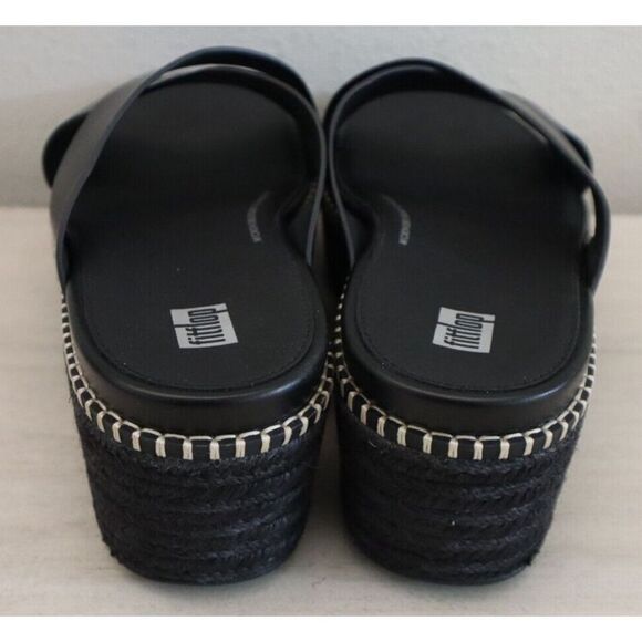 FitFlop Women's Sz 9 Black Eloise Espadrille Leather Wedge Cross Slides - Picture 5 of 15